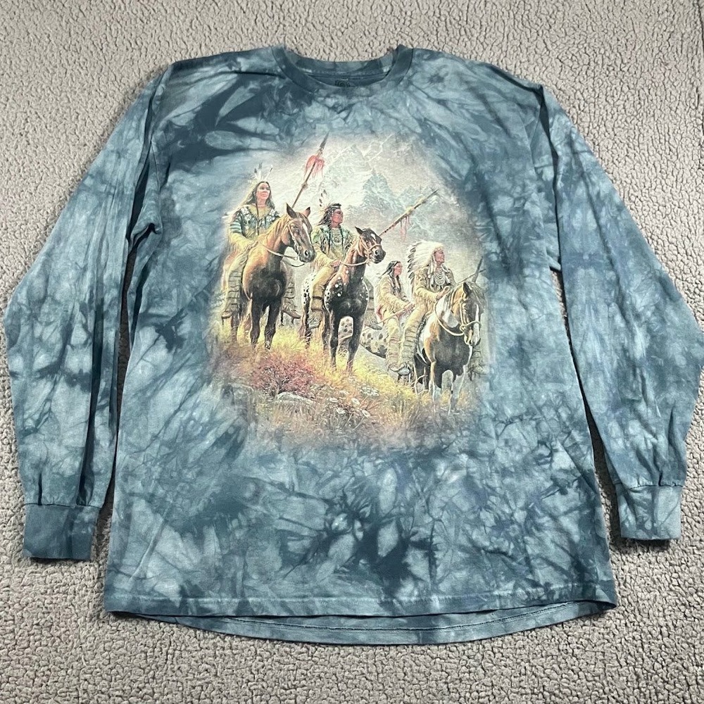 The Mountain Native American Warriors Horse Tie Dye Blue Long Sleeve Tee Mens XL